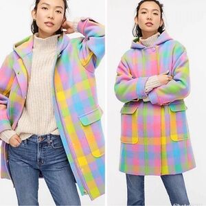 J.Crew Duffle Coat plaid Italian wool stadium cloth pastel size small EUC